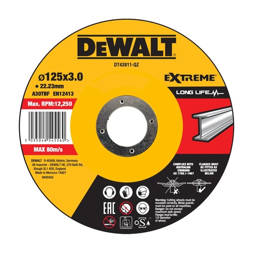 [PTG405.00103] DEWALT Extreme Bonded Abrasive Metal Cut / Grind Disc, 125mm x 3mm x 22.23mm, DT43911-QZ