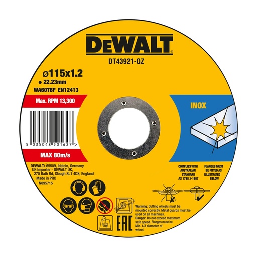 [PTG405.00110] DEWALT High Performance Bonded Disc Thin Cut, 10 x Tin, 115 mm x 1.2 mm x 22.23 mm, DT43921-QZ