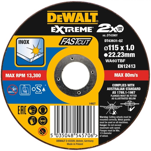 [PTG405.00112] DEWALT Extreme® Bonded Disc Thin Fast Cut, 115mm x 1.0mm x 22.23mm, DT43931-QZ
