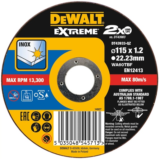 [PTG405.00114] DEWALT Extreme® Bonded Disc Thin Cut, 115mm x 1.2mm x 22.23mm, DT43933-QZ