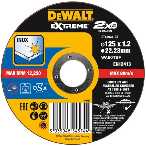 [PTG405.00115] DEWALT Extreme® Bonded Disc Thin Cut, 125mm x 1.2mm x 22.23mm, DT43934-QZ