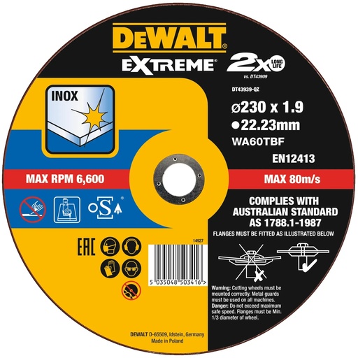 [PTG405.00120] DEWALT Extreme® Bonded Disc Thin Cut, 230mm x 1.9mm x 22.23mm, DT43939-QZ