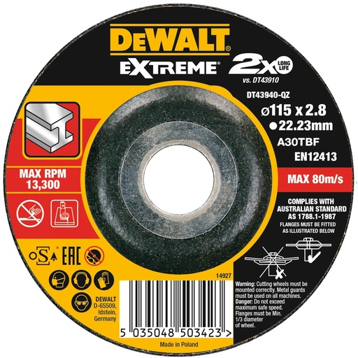 [PTG405.00121] DEWALT Extreme® Bonded Disc Cutting, 115mm x 3.0mm x 22.23mm, DT43940-QZ