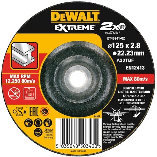 [PTG405.00122] DEWALT Extreme® Bonded Disc Cutting, 125mm x 3.0mm x 22.23mm, DT43941-QZ