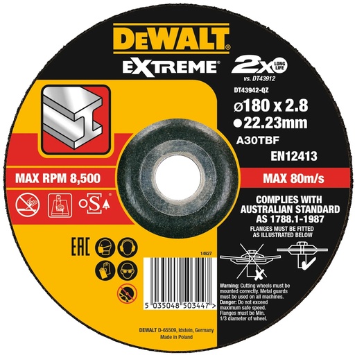 [PTG405.00123] DEWALT Extreme® Bonded Disc Cutting, 180mm x 3.0mm x 22.23mm, DT43942-QZ