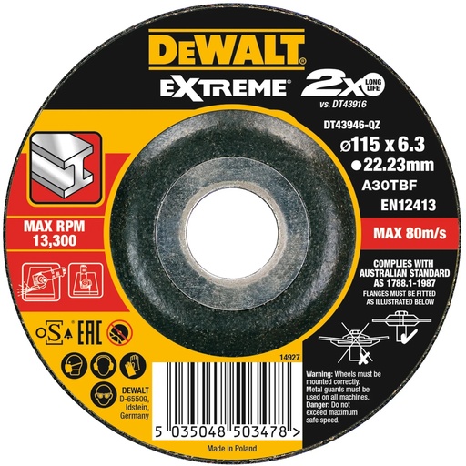 [PTG405.00125] DEWALT Extreme® Bonded Disc Grinding, 115mm x 6.3mm x 22.23mm, DT43946-QZ