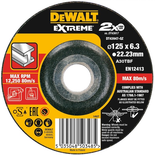[PTG405.00126] DEWALT Extreme® Bonded Disc Grinding, 125mm x 6.3mm x 22.23mm, DT43947-QZ