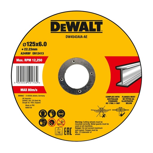 [PTG405.00140] DEWALT Bonded Abrasive Metal Grinding Disc, 125mm x 6mm x 22.23mm, DW4543AIA-AE
