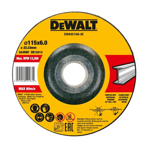 [PTG405.00144] DEWALT Metal Grinding Wheel T27, 115 x 6 x 22.23mm, 25 Pack, DWA4514IA-AE