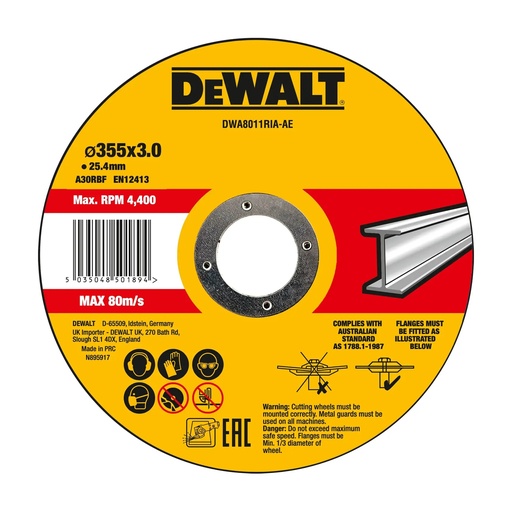 [PTG405.00149] DEWALT Bonded Abrasive Metal Cutting Disc, 355mm x 3mm x 25.4mm, DWA8011RIA-AE
