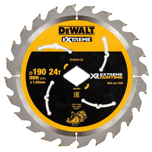[PTG421.00015] DEWALT Extreme Runtime Diamond Bore Circular Saw Blade, 190mm, 24T, DT40270-QZ