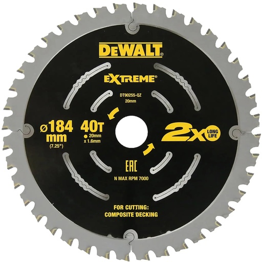 [PTG421.00023] DEWALT Extreme 2X Life Composite Decking Circular Saw Blade (16/20 mm), 184mm, 24T, DT90255-QZ