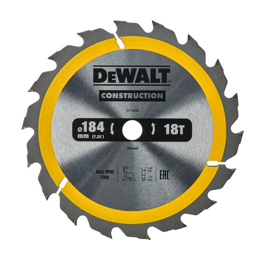 [PTG421.00066] DEWALT Construction Circular Saw Blade, 184mm x 16mm, 18T, DT1938-QZ