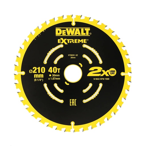 [PTG421.00070] DEWALT Extreme 2X Life Circular Saw Blade (16/25/30 mm), 210mm, 40T, DT90281-QZ