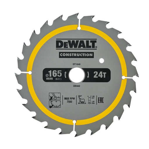 [PTG421.00079] DEWALT Lama de ferastrau circular, 165 mm x 20 mm, 24 dinti, DT1949-QZ
