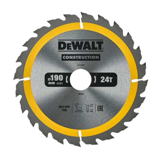 [PTG421.00083] DEWALT Construction Circular Saw Blade, 190mm x 30mm, 24T, DT1944-QZ