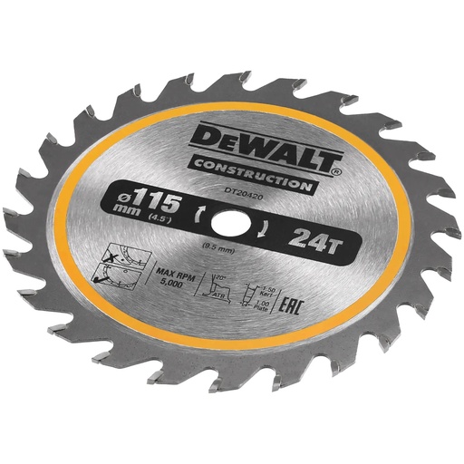 [PTG421.00084] DEWALT Construction Circular Saw Blade, 115mm x 9.5mm, 24T, DT20420-QZ