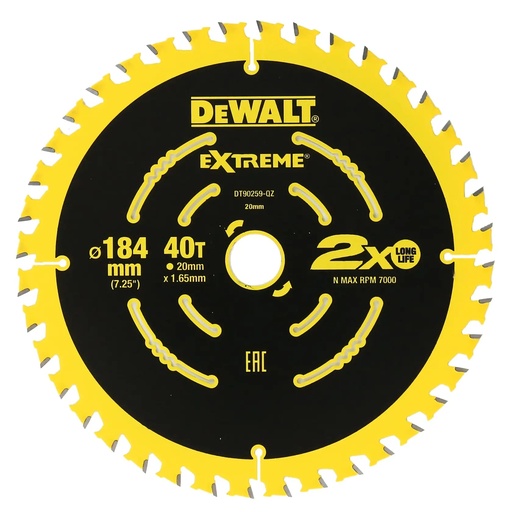 [PTG421.00120] DEWALT Extreme 2X Life Circular Saw Blade (16/20 mm), 184mm, 24/40T, 2 Pack, DT90260-QZ