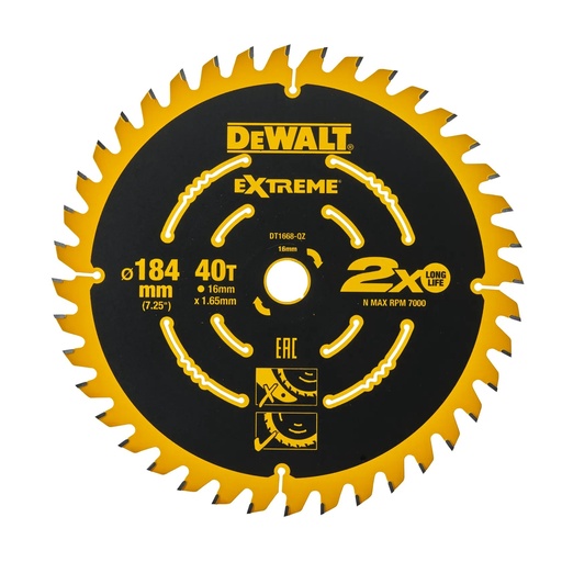 [PTG421.00123] DEWALT Extreme 2nd Fix Circular Saw Blade, 16mm Bore, 184mm, 40T, DT1668-QZ
