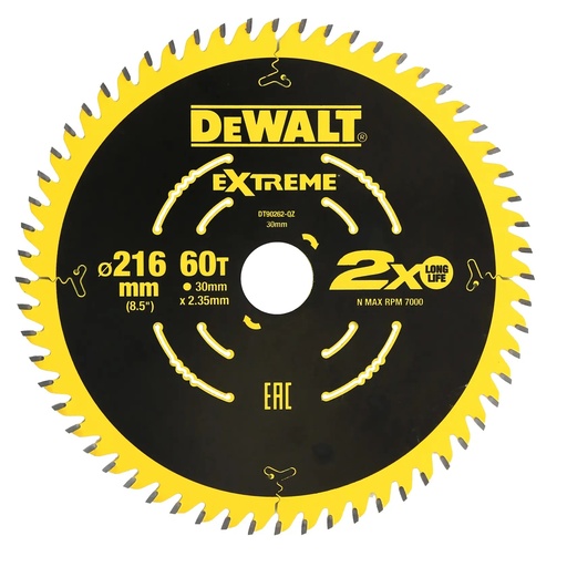 [PTG421.00182] DEWALT Extreme 2X Life Circular Saw Blade (16/25/30mm), 216mm, 60T, DT90262-QZ