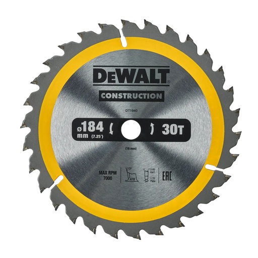 [PTG421.00187] DEWALT Construction Circular Saw Blade, 184mm x 16mm, 30T, DT1940-QZ