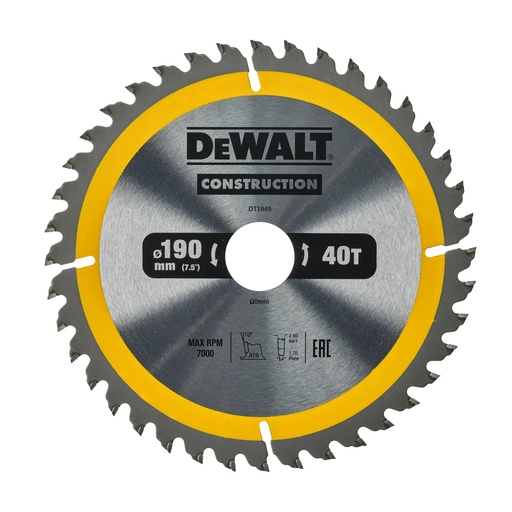 [PTG421.00222] DEWALT Circular Saw Blade, 190mm x 30mm, 40T, DT1945-QZ