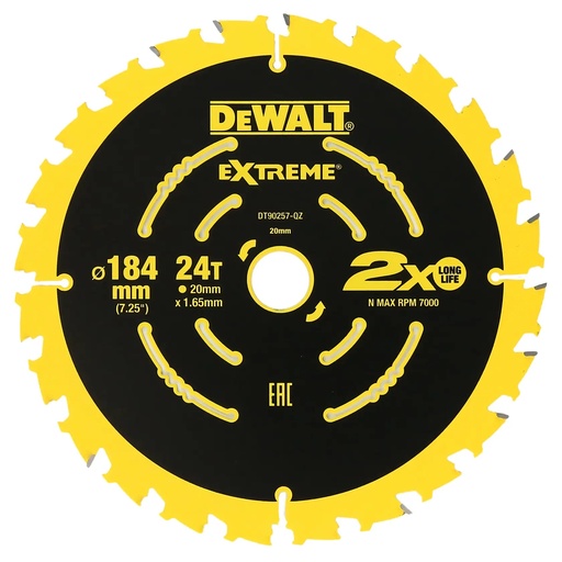 [PTG421.00257] DEWALT Extreme 2X Life Circular Saw Blade (16/20mm), 184mm, 24T, 3 Pack, DT90261-QZ
